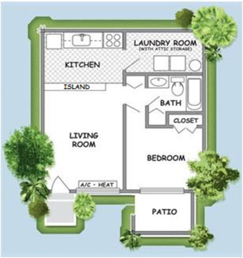 Floor plan for 1 bed, 1 bath, 576 sqft